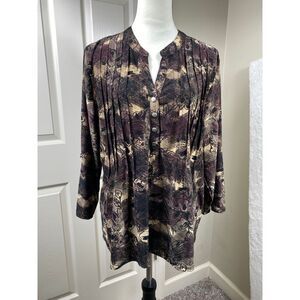NY Collection Abstract Print Button Front Long Sleeve Pleated Forest Boho Top XL